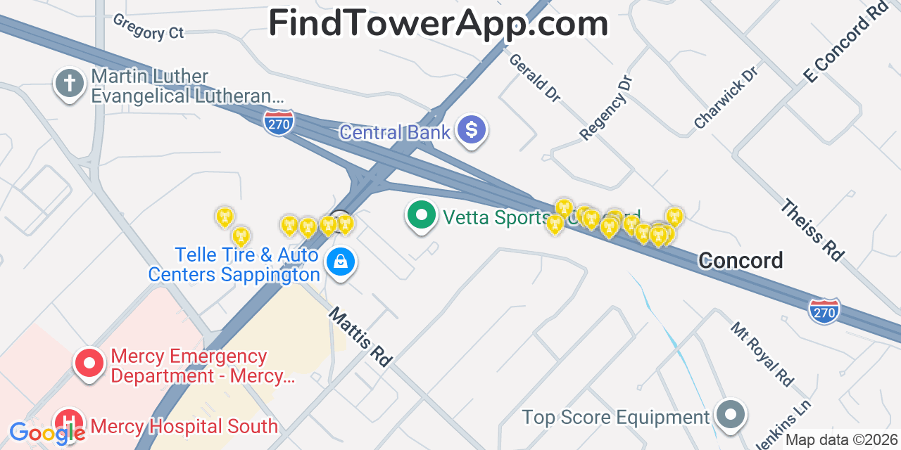 Map showing the 20 primary cell tower locations detected in Sappington, Missouri from AT&T, Verizon, and T-Mobile networks