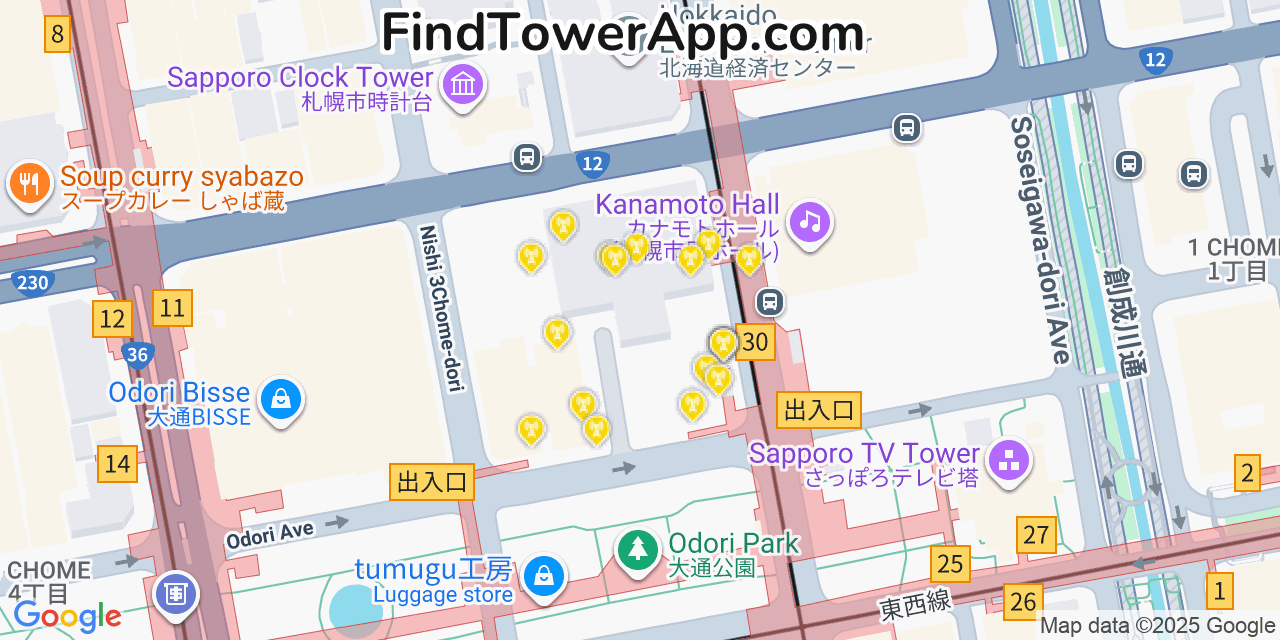 Sapporo Cell Towers, Japan - FindTower App Coverage Maps