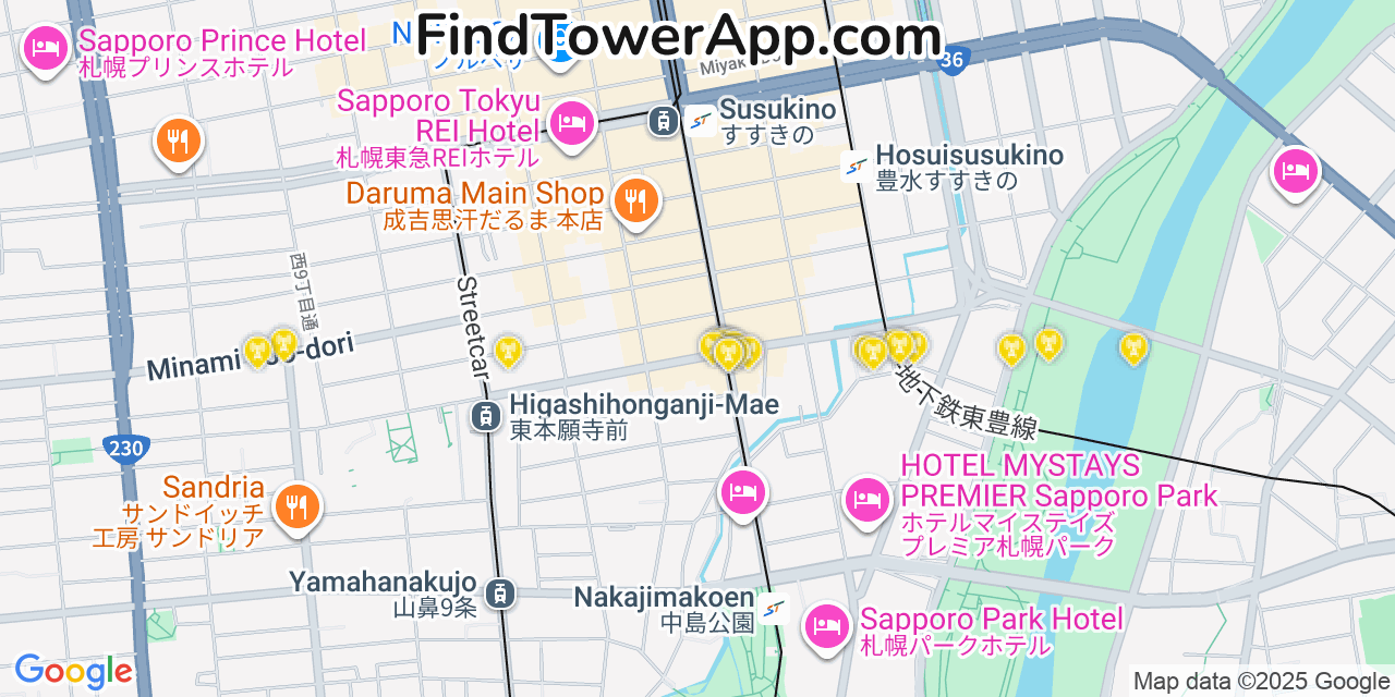Map showing the 20 primary cell tower locations detected in Sapporo, Japan with coverage areas and signal strength