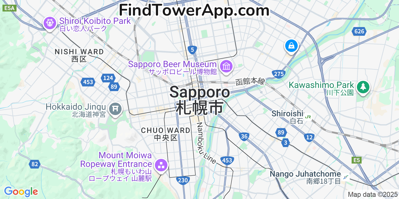 Map showing the 0 primary SoftBank cell tower locations detected in Sapporo, Japan with coverage radius and signal strength indicators