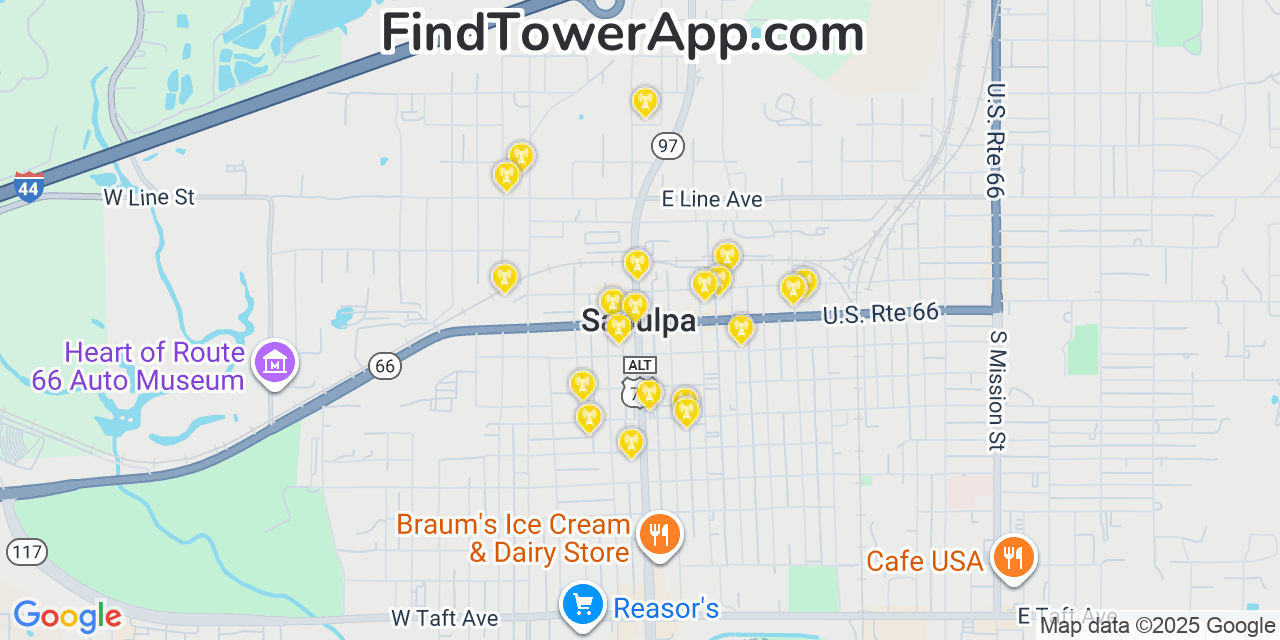 Map showing the 20 primary cell tower locations detected in Sapulpa, Oklahoma from AT&T, Verizon, and T-Mobile networks