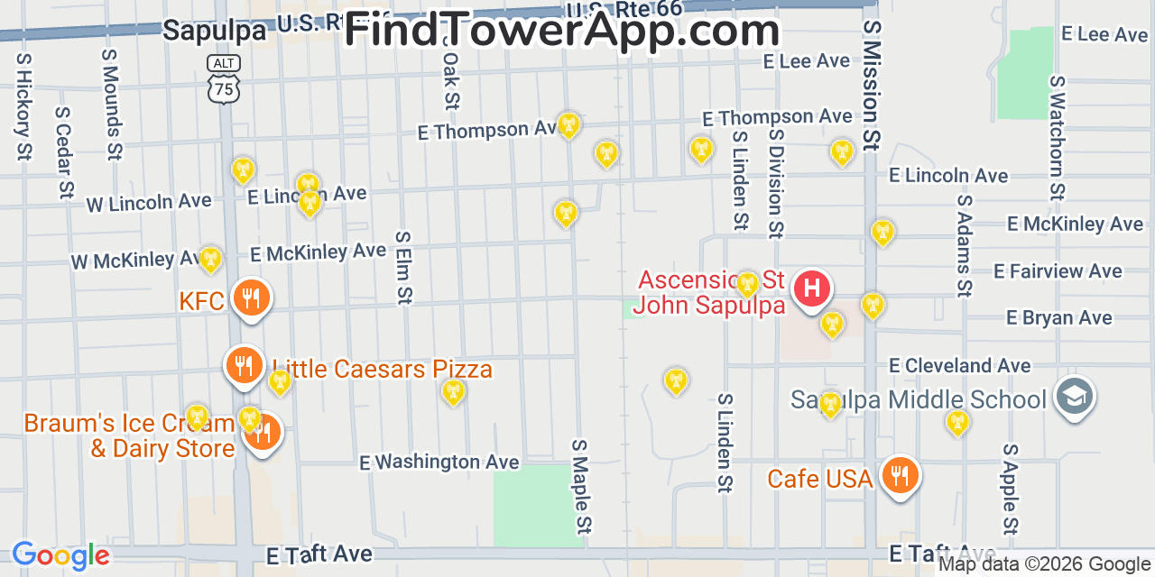Map showing the 20 primary cell tower locations detected in Sapulpa, Oklahoma from AT&T, Verizon, and T-Mobile networks