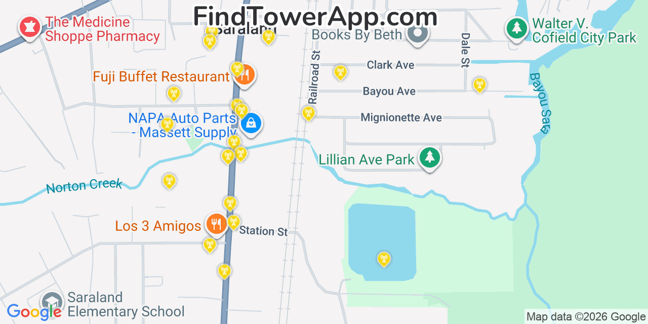 Map showing the 20 primary cell tower locations detected in Saraland, Alabama from AT&T, Verizon, and T-Mobile networks
