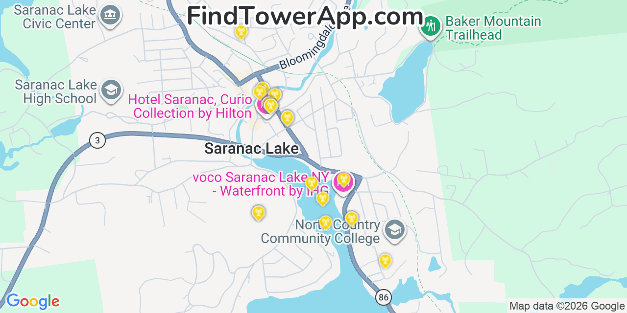 Map showing the 20 primary cell tower locations detected in Saranac Lake, New York from AT&T, Verizon, and T-Mobile networks