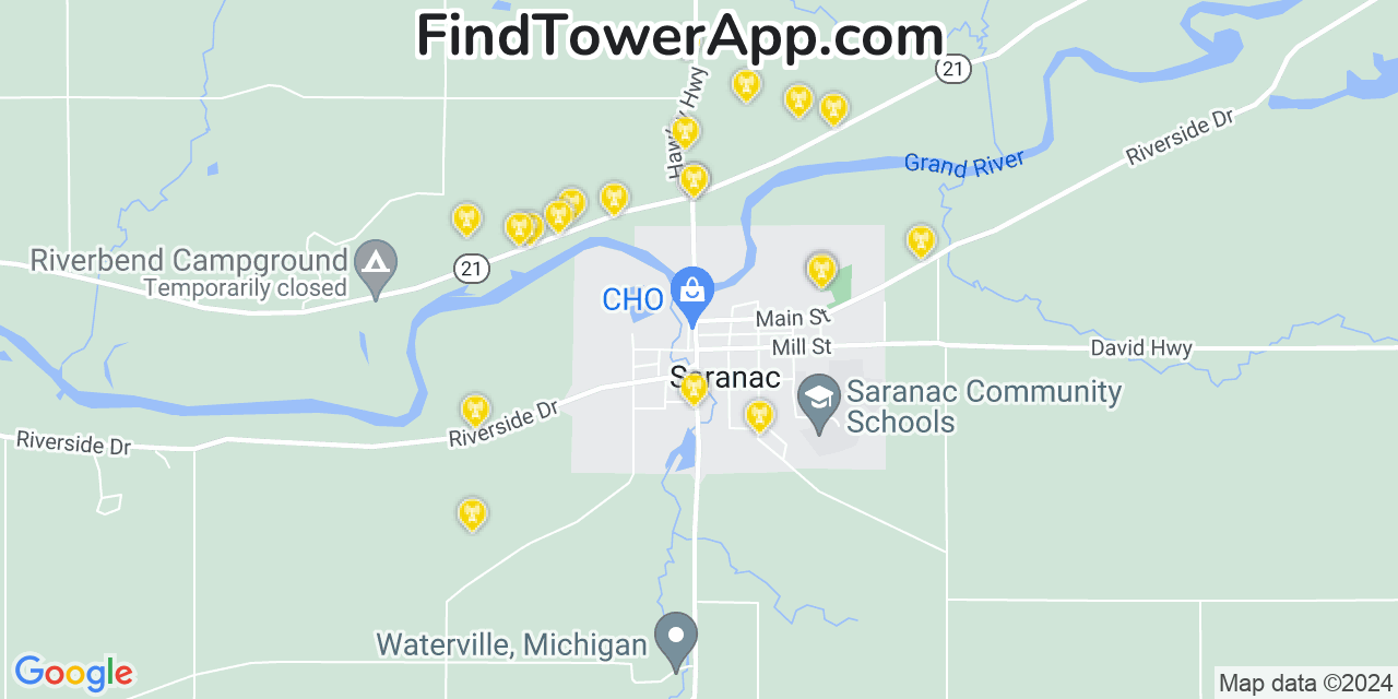 AT&T 4G/5G cell tower coverage map Saranac, Michigan