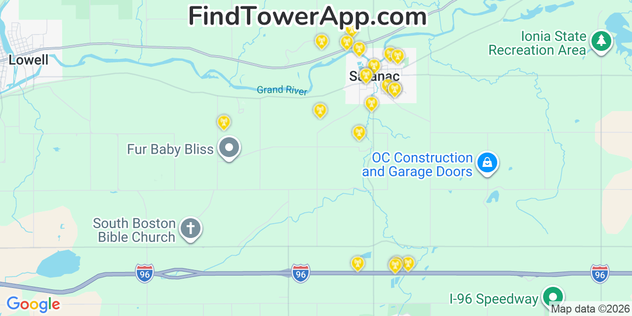 Map showing the 20 primary cell tower locations detected in Saranac, Michigan from AT&T, Verizon, and T-Mobile networks