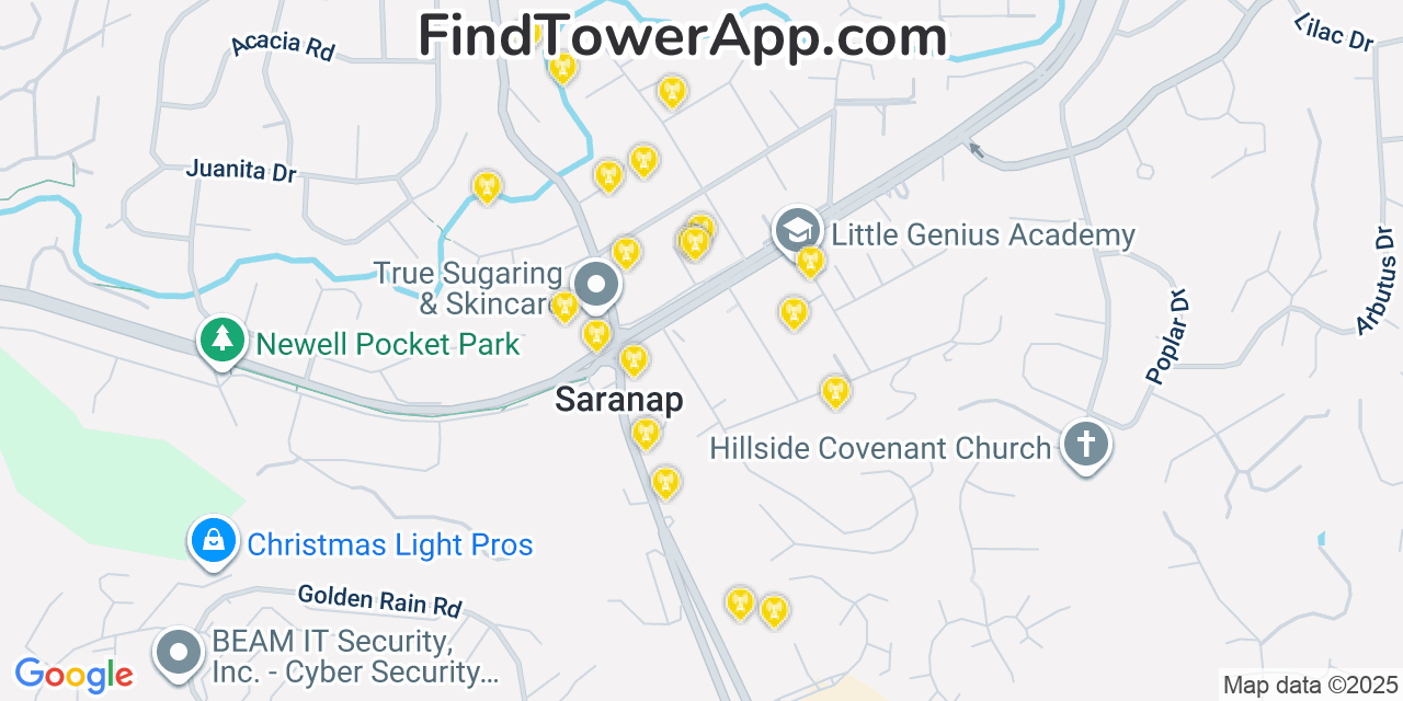 Map showing the 20 primary cell tower locations detected in Saranap, California from AT&T, Verizon, and T-Mobile networks