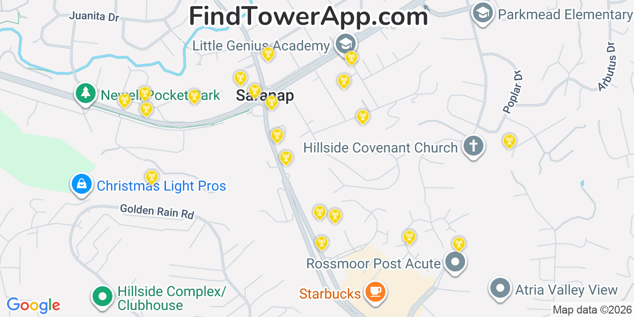 Map showing the 20 primary cell tower locations detected in Saranap, California from AT&T, Verizon, and T-Mobile networks