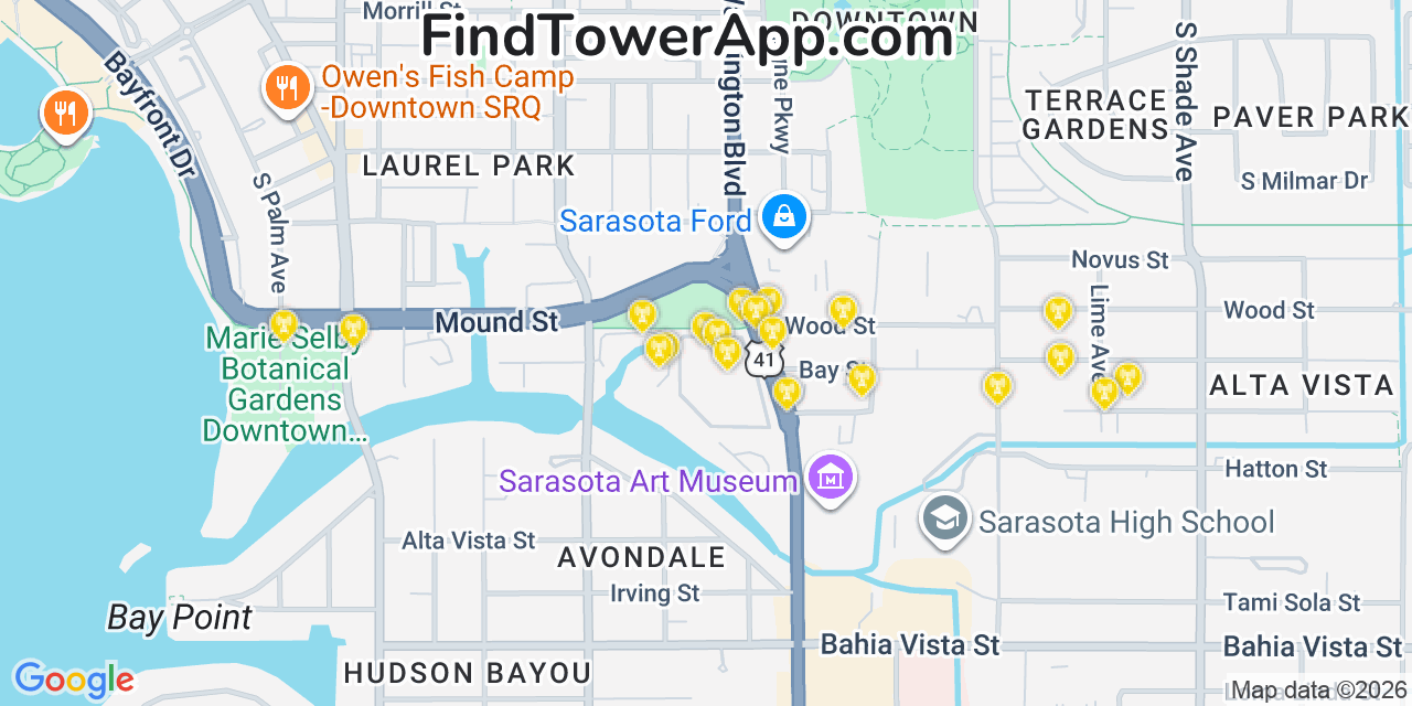 Map showing the 20 primary cell tower locations detected in Sarasota, Florida from AT&T, Verizon, and T-Mobile networks