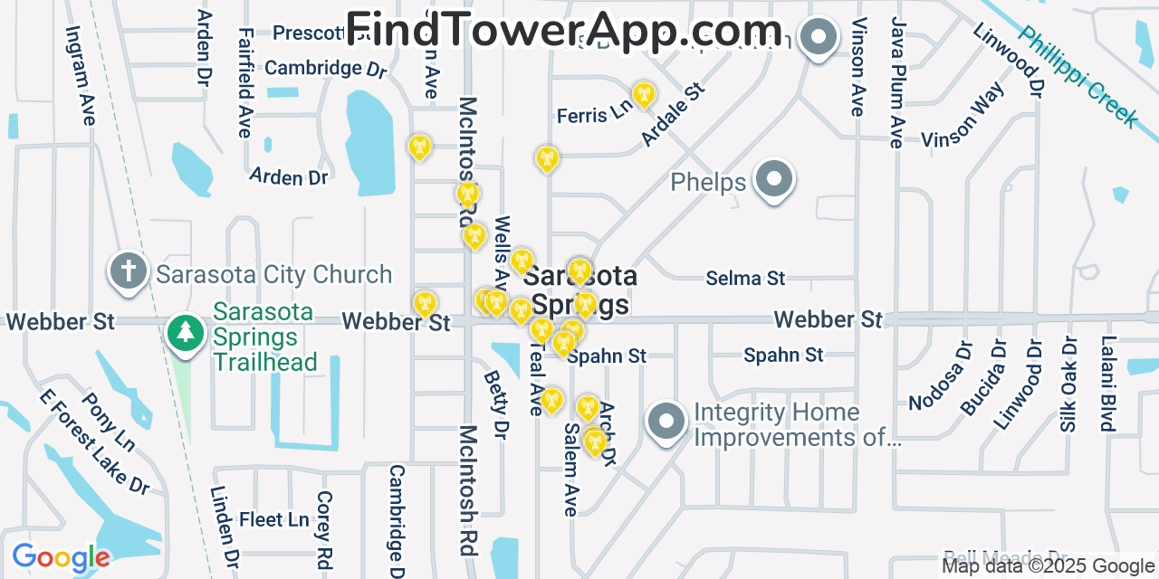 Map showing the 20 primary cell tower locations detected in Sarasota Springs, Florida from AT&T, Verizon, and T-Mobile networks