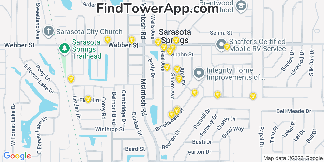 Map showing the 20 primary cell tower locations detected in Sarasota Springs, Florida from AT&T, Verizon, and T-Mobile networks