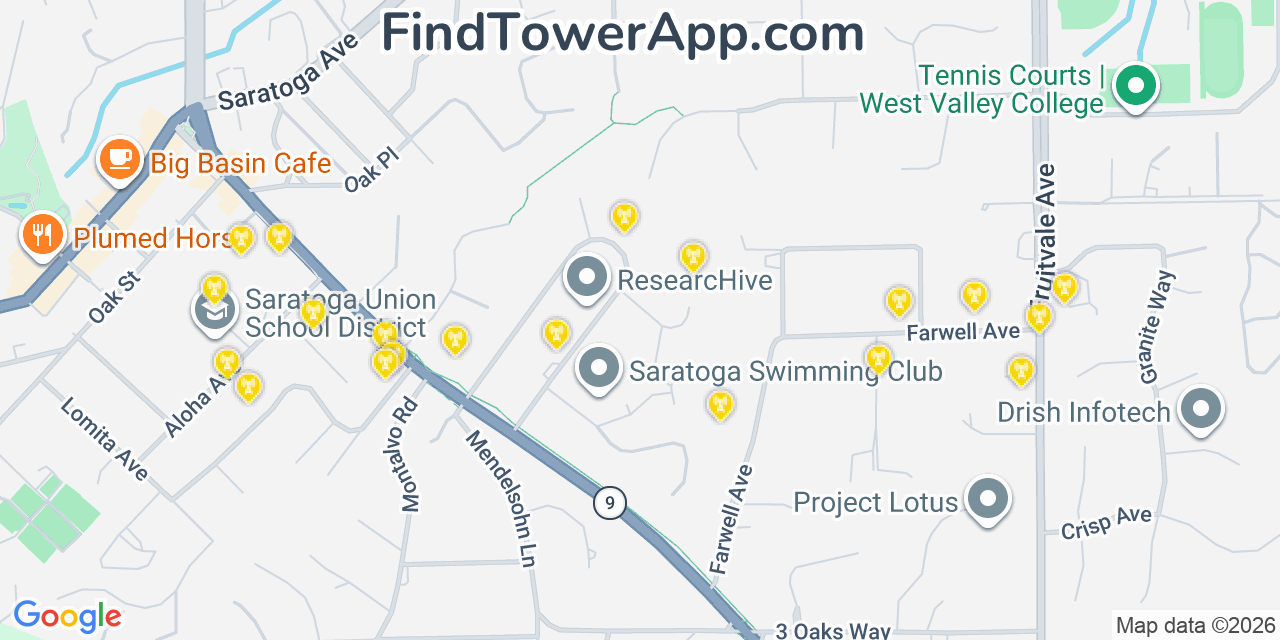 Map showing the 20 primary cell tower locations detected in Saratoga, California from AT&T, Verizon, and T-Mobile networks