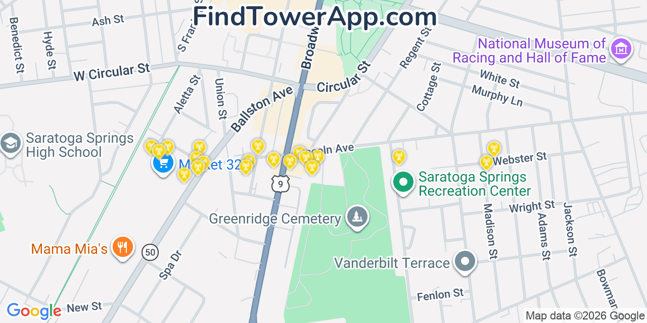 Map showing the 20 primary cell tower locations detected in Saratoga Springs, New York from AT&T, Verizon, and T-Mobile networks
