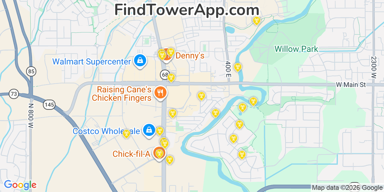 Map showing the 20 primary cell tower locations detected in Saratoga Springs, Utah from AT&T, Verizon, and T-Mobile networks