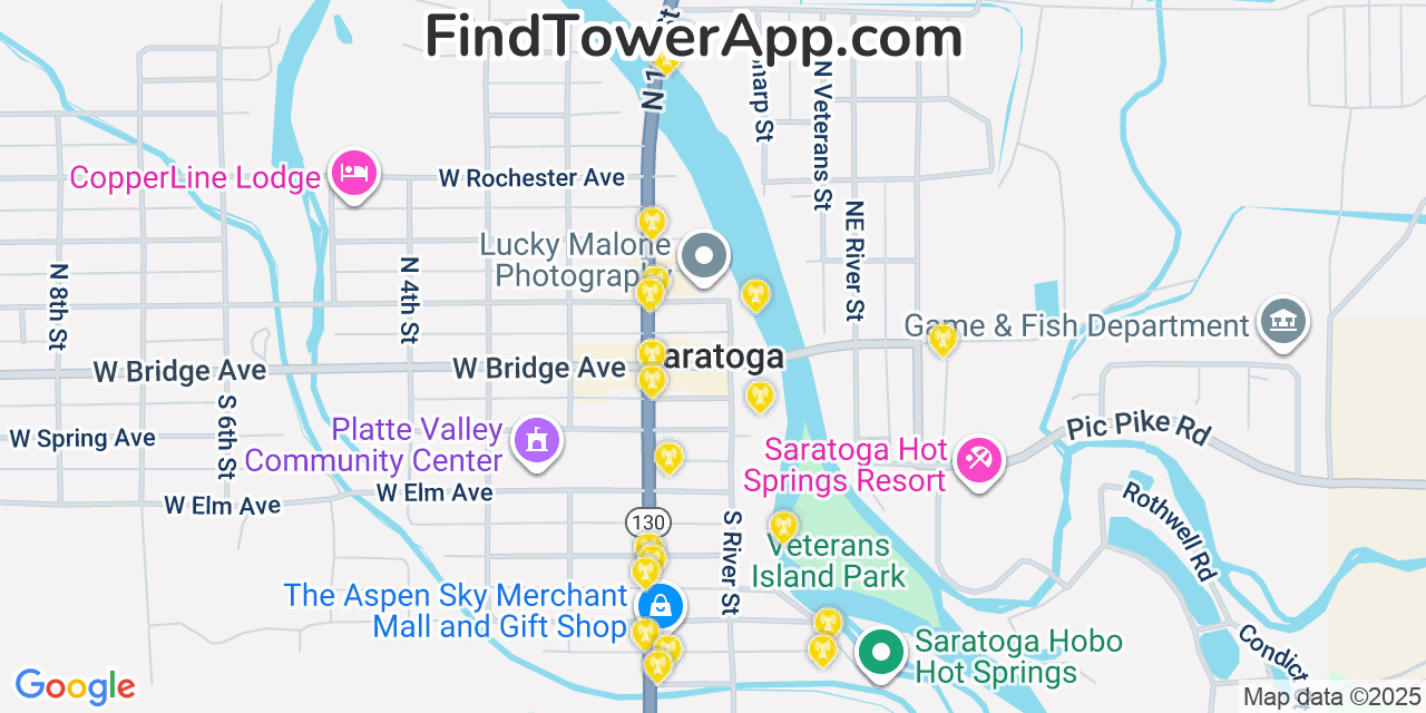 Map showing the 20 primary cell tower locations detected in Saratoga, Wyoming from AT&T, Verizon, and T-Mobile networks