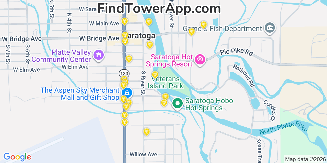 Map showing the 20 primary cell tower locations detected in Saratoga, Wyoming from AT&T, Verizon, and T-Mobile networks