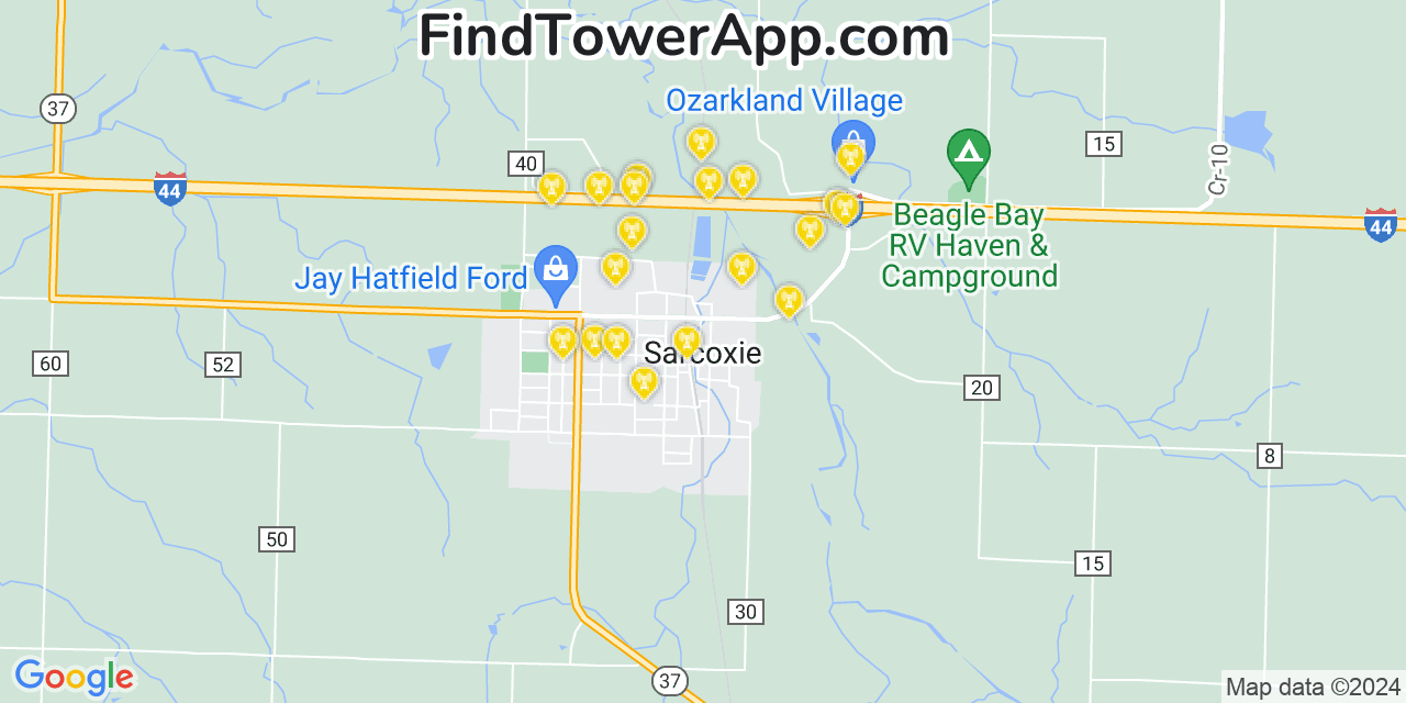 AT&T 4G/5G cell tower coverage map Sarcoxie, Missouri