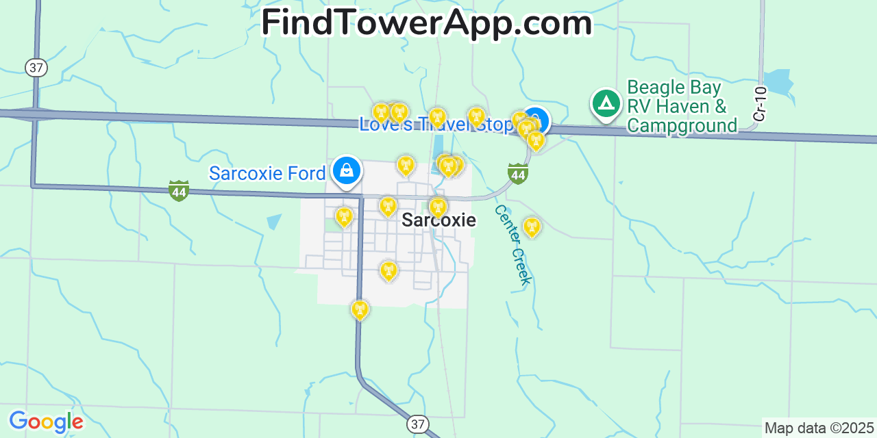 Map showing the 20 primary cell tower locations detected in Sarcoxie, Missouri from AT&T, Verizon, and T-Mobile networks