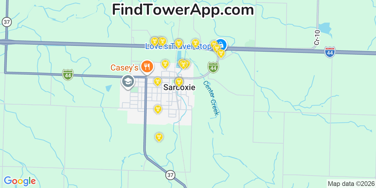 Map showing the 20 primary cell tower locations detected in Sarcoxie, Missouri from AT&T, Verizon, and T-Mobile networks