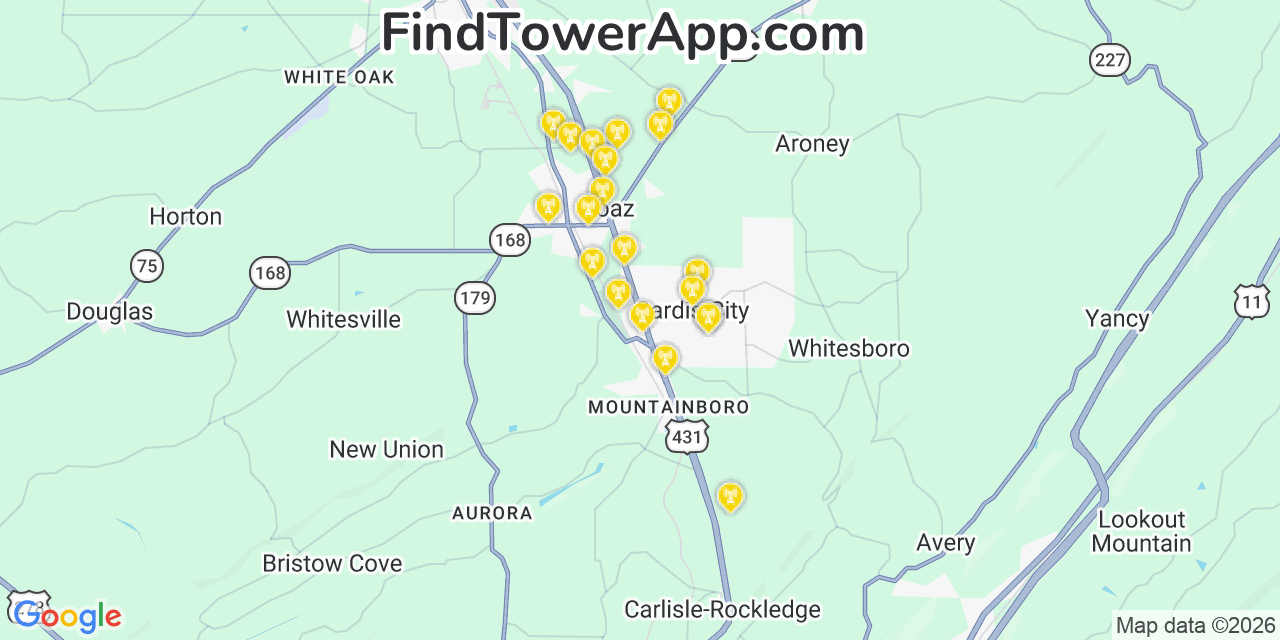 Map showing the 20 primary cell tower locations detected in Sardis City, Alabama from AT&T, Verizon, and T-Mobile networks