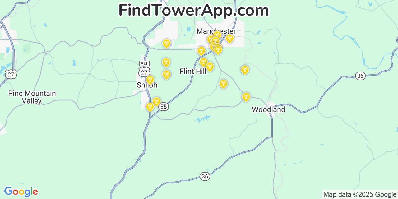 Map showing the 20 primary cell tower locations detected in Sardis, Georgia from AT&T, Verizon, and T-Mobile networks