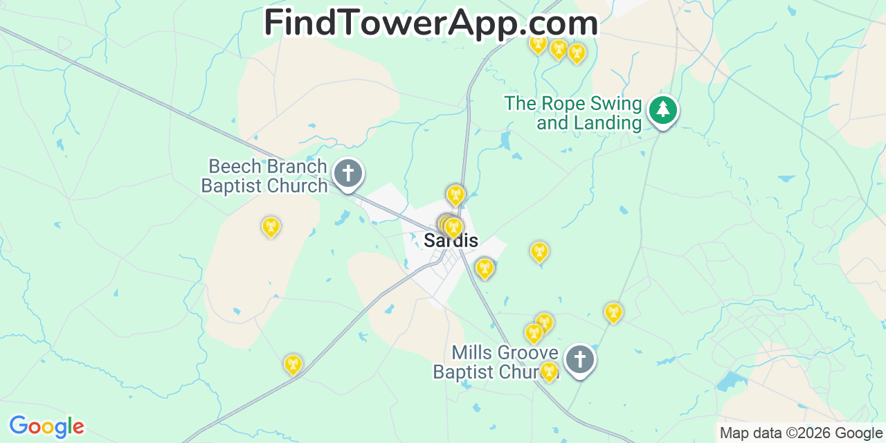 Map showing the 20 primary cell tower locations detected in Sardis, Georgia from AT&T, Verizon, and T-Mobile networks