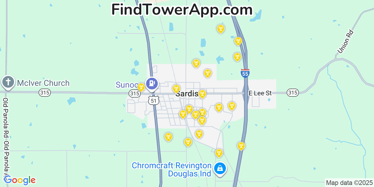 Map showing the 20 primary cell tower locations detected in Sardis, Mississippi from AT&T, Verizon, and T-Mobile networks