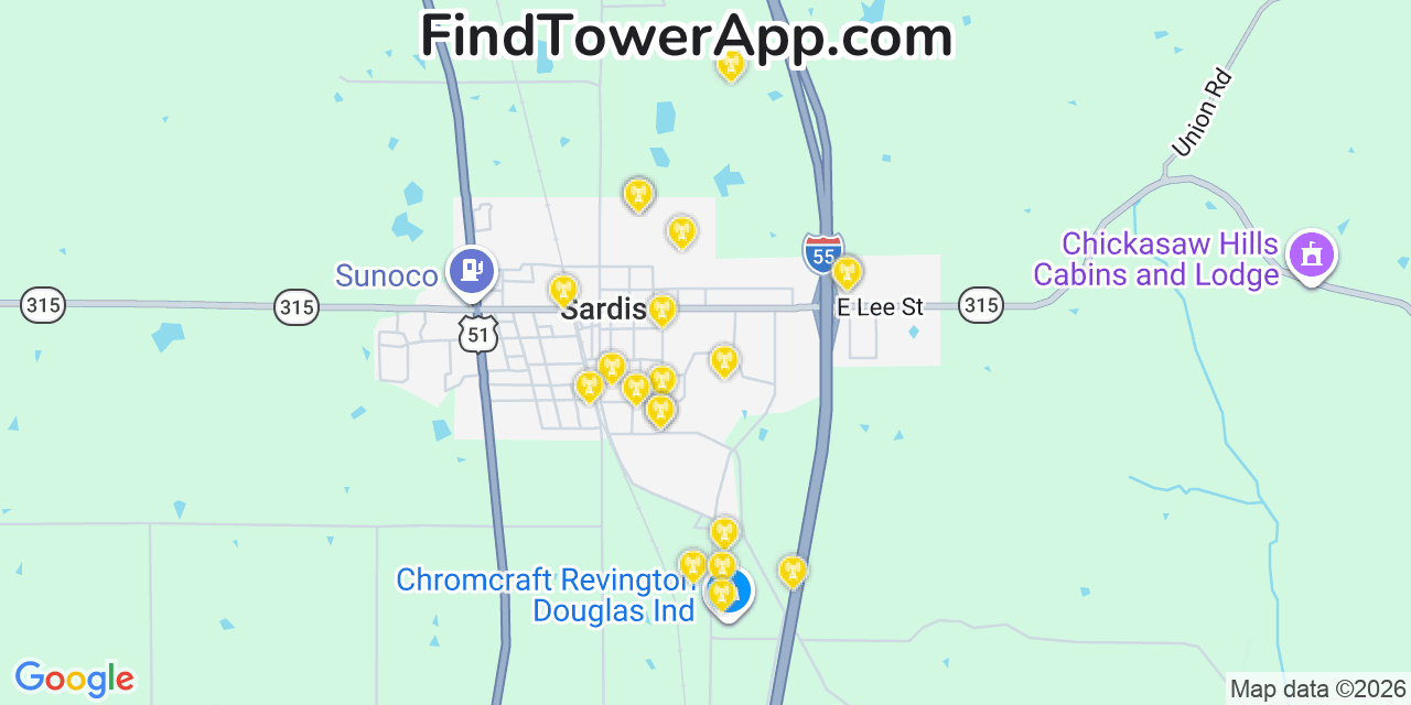 Map showing the 20 primary cell tower locations detected in Sardis, Mississippi from AT&T, Verizon, and T-Mobile networks