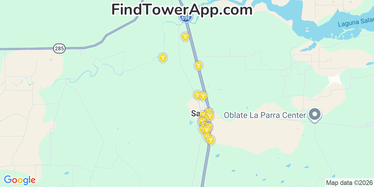 Map showing the 20 primary cell tower locations detected in Sarita, Texas from AT&T, Verizon, and T-Mobile networks