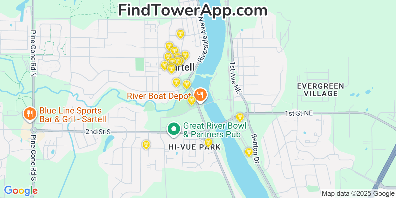 Map showing the 20 primary cell tower locations detected in Sartell, Minnesota from AT&T, Verizon, and T-Mobile networks