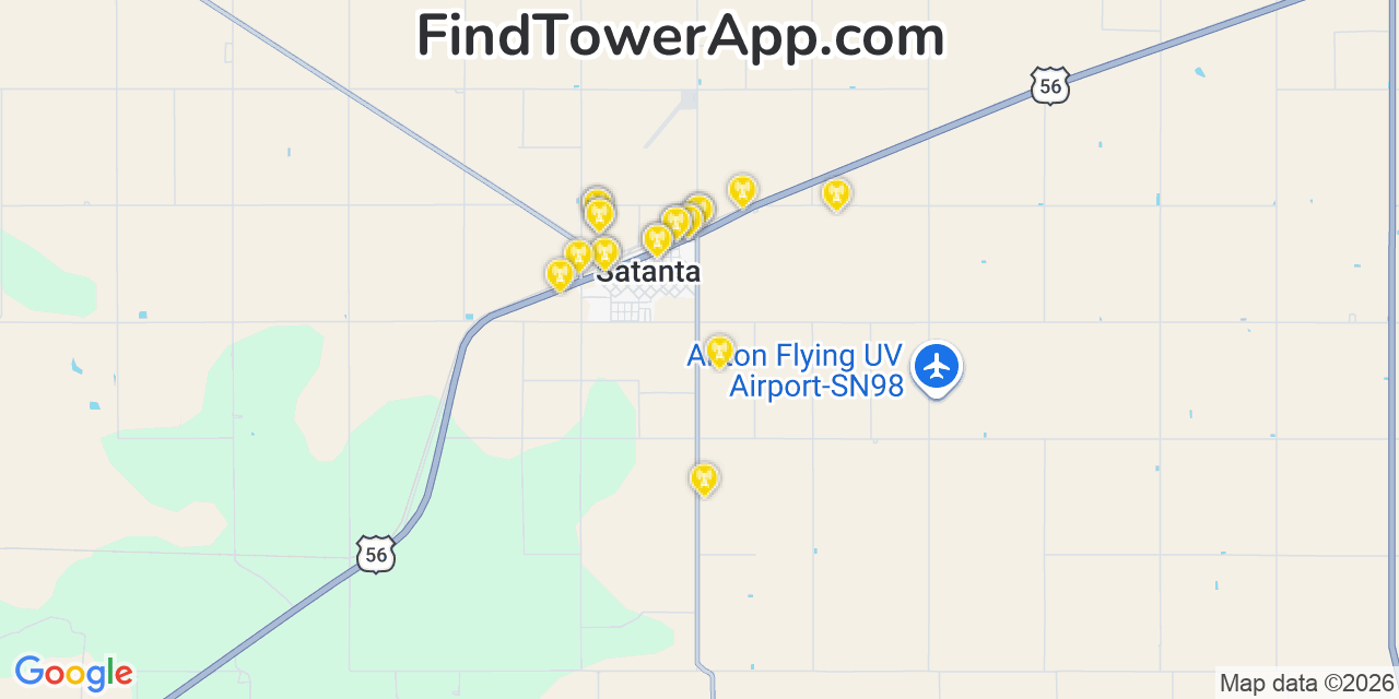 Map showing the 20 primary cell tower locations detected in Satanta, Kansas from AT&T, Verizon, and T-Mobile networks