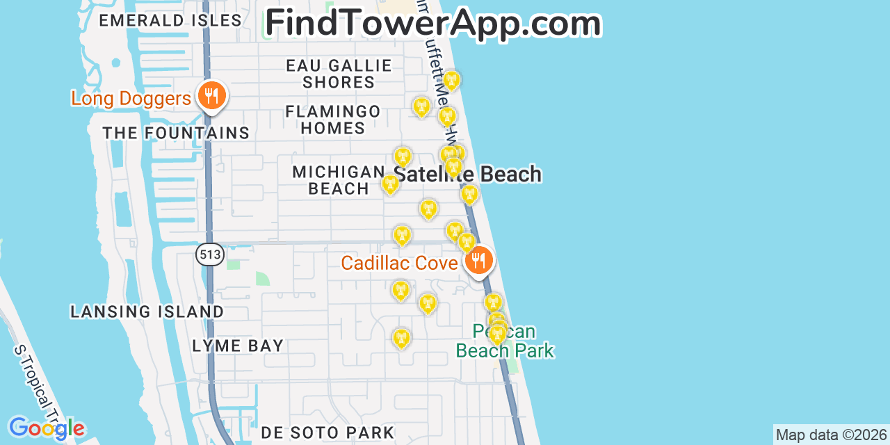 Map showing the 20 primary cell tower locations detected in Satellite Beach, Florida from AT&T, Verizon, and T-Mobile networks