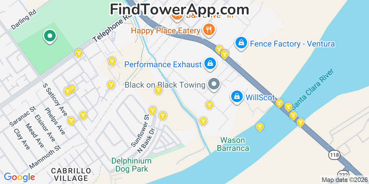 Map showing the 20 primary cell tower locations detected in Saticoy, California from AT&T, Verizon, and T-Mobile networks