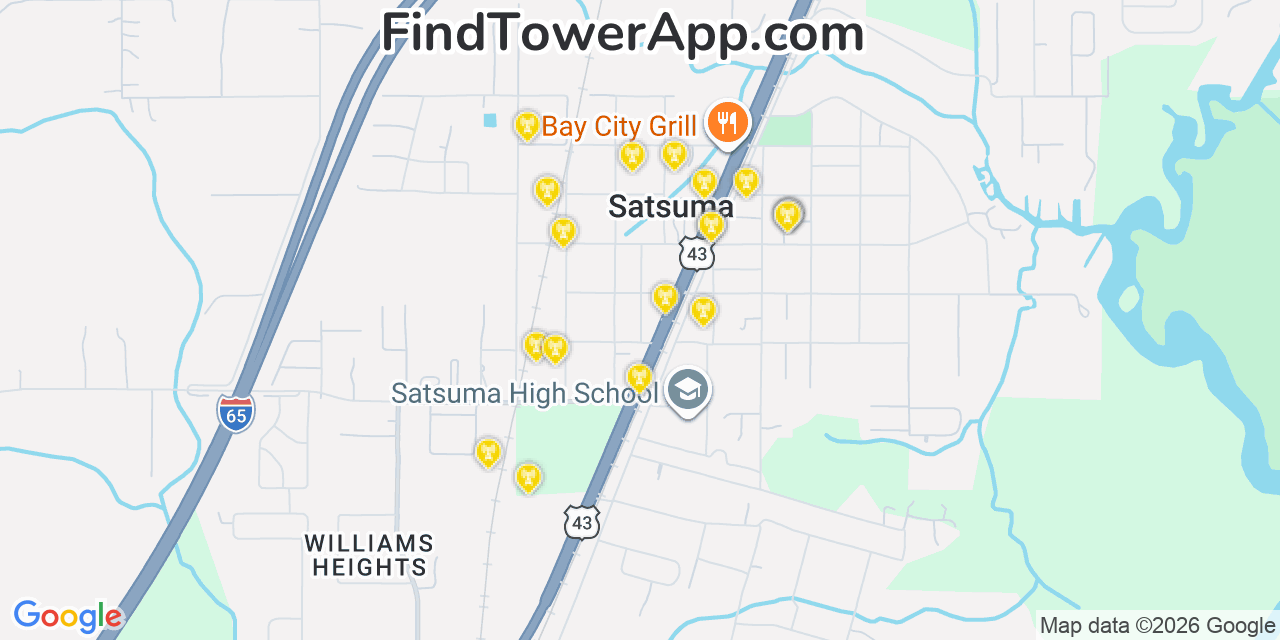 Map showing the 20 primary cell tower locations detected in Satsuma, Alabama from AT&T, Verizon, and T-Mobile networks