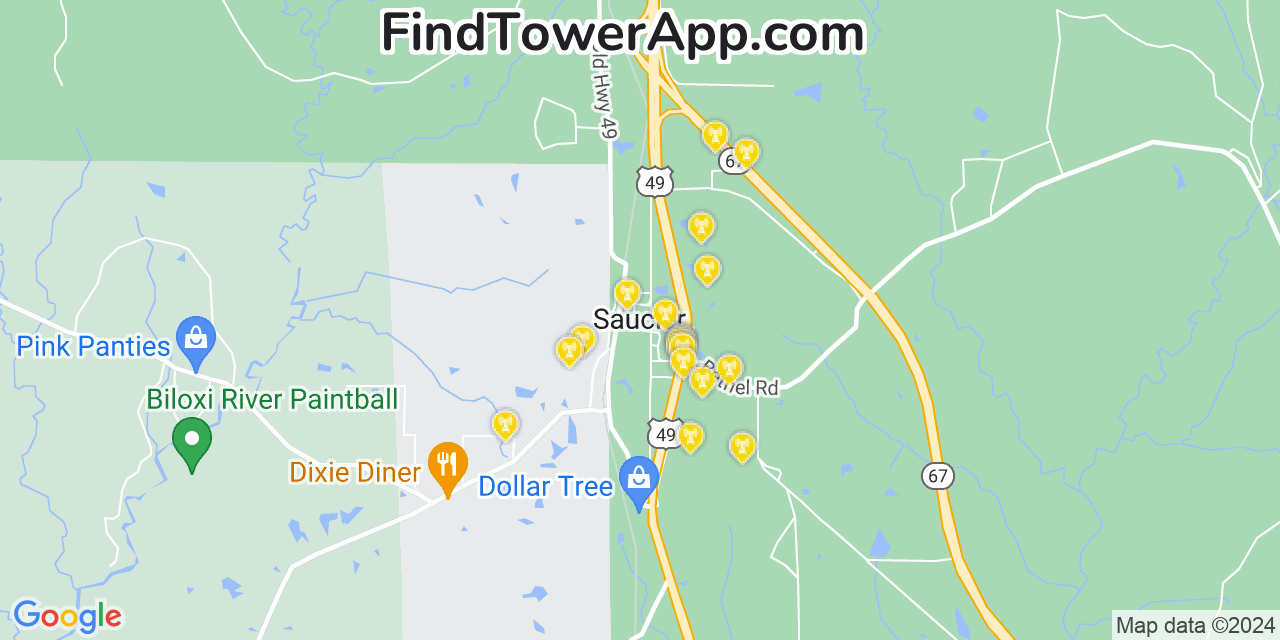 AT&T 4G/5G cell tower coverage map Saucier, Mississippi