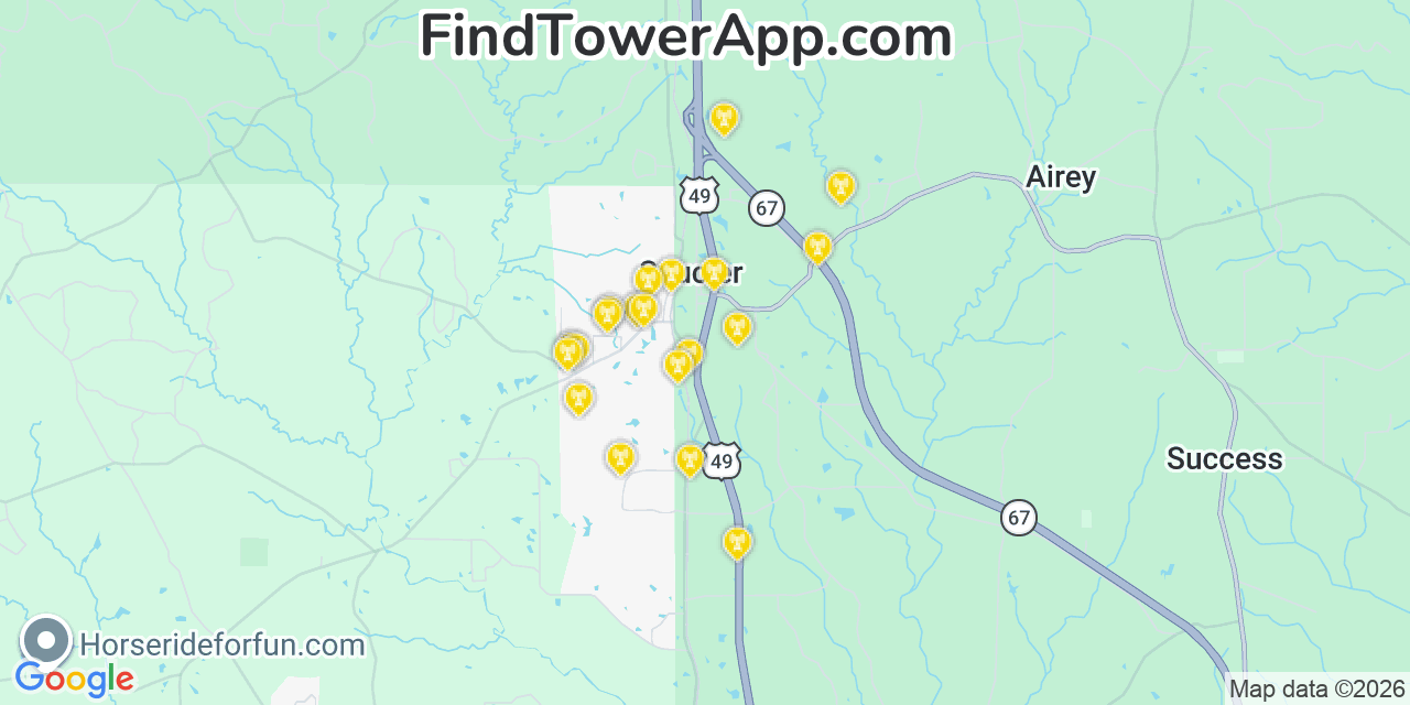 Map showing the 20 primary cell tower locations detected in Saucier, Mississippi from AT&T, Verizon, and T-Mobile networks