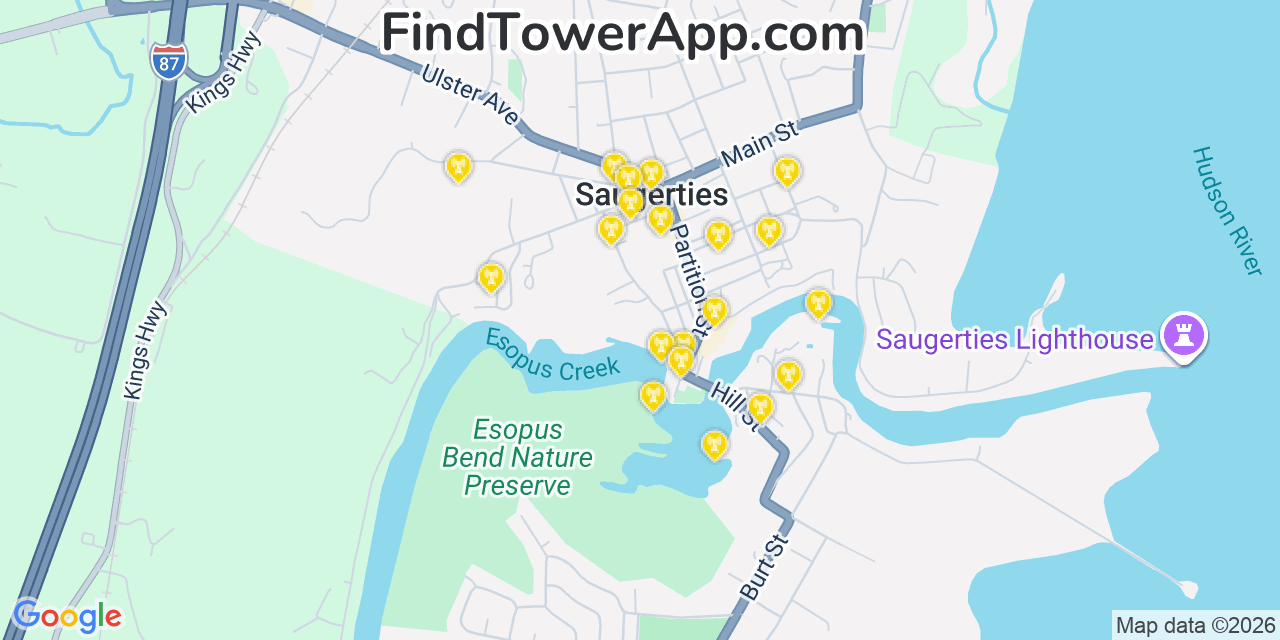 Map showing the 20 primary cell tower locations detected in Saugerties, New York from AT&T, Verizon, and T-Mobile networks