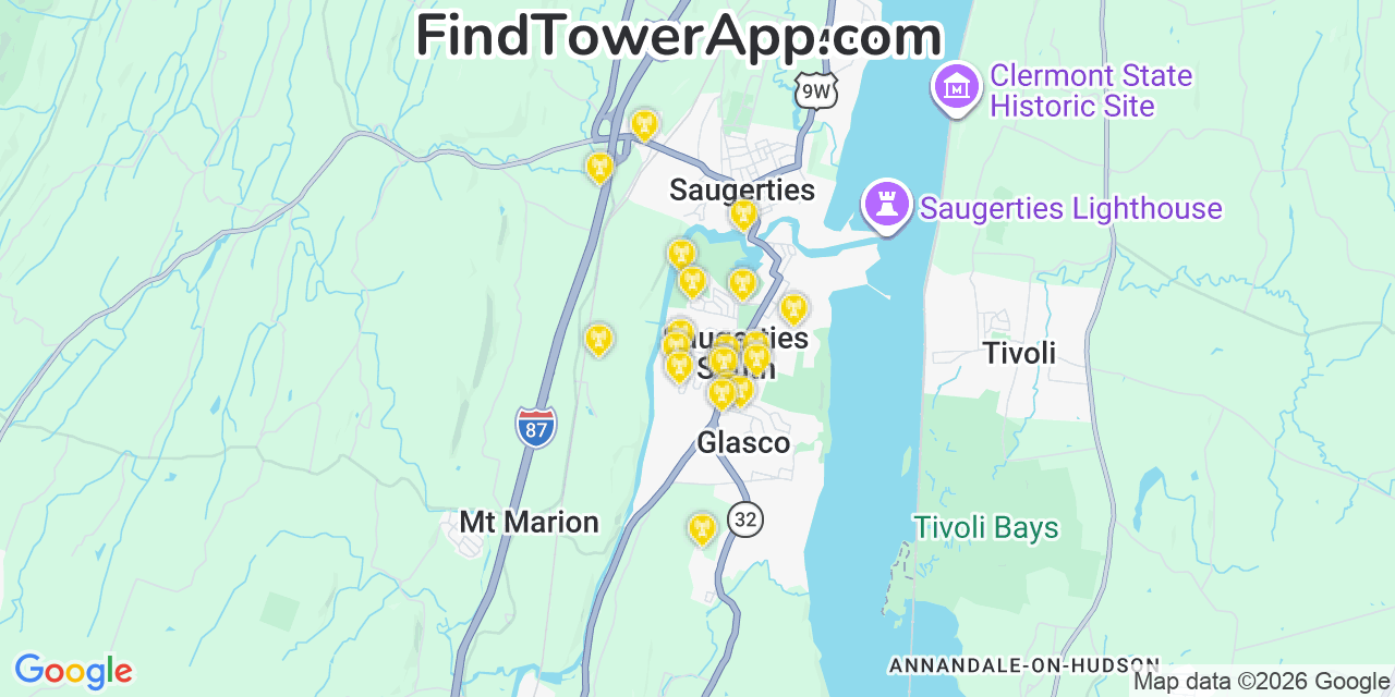 Map showing the 20 primary cell tower locations detected in Saugerties South, New York from AT&T, Verizon, and T-Mobile networks