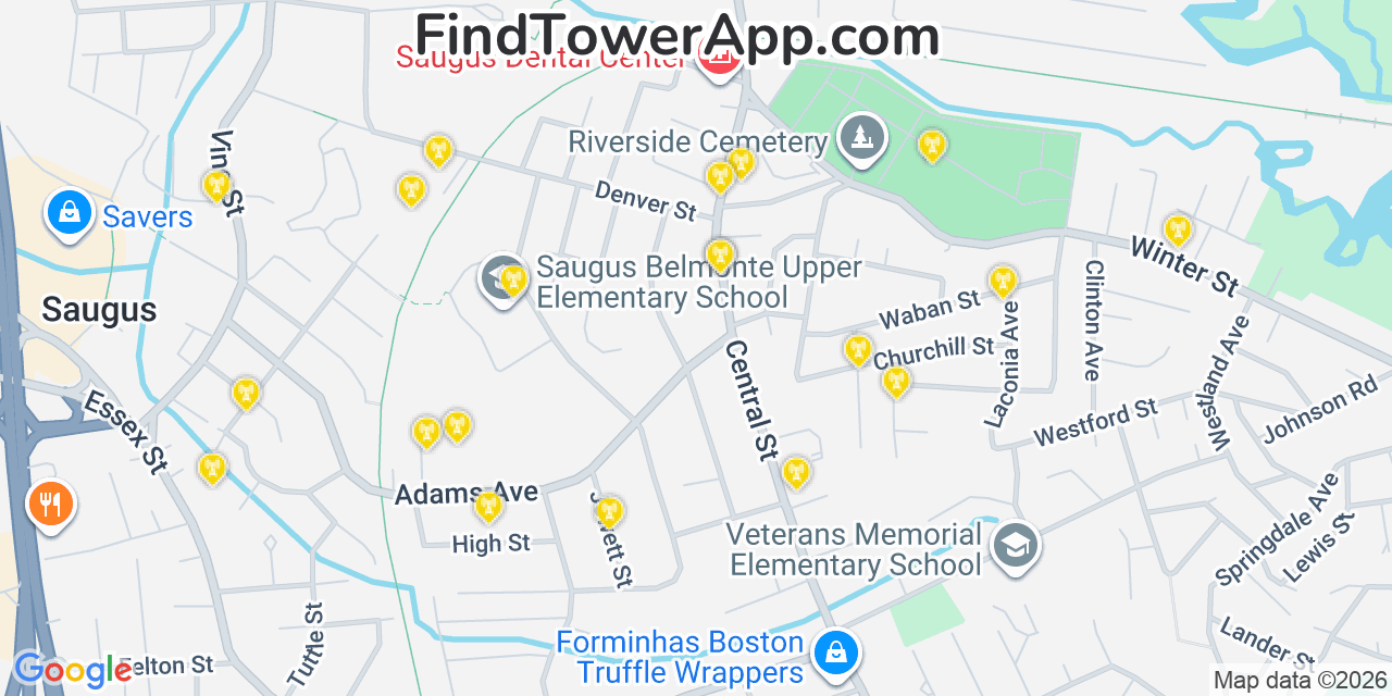 Map showing the 20 primary cell tower locations detected in Saugus, Massachusetts from AT&T, Verizon, and T-Mobile networks