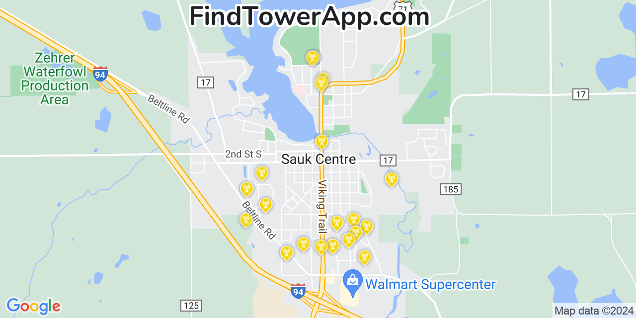 AT&T 4G/5G cell tower coverage map Sauk Centre, Minnesota