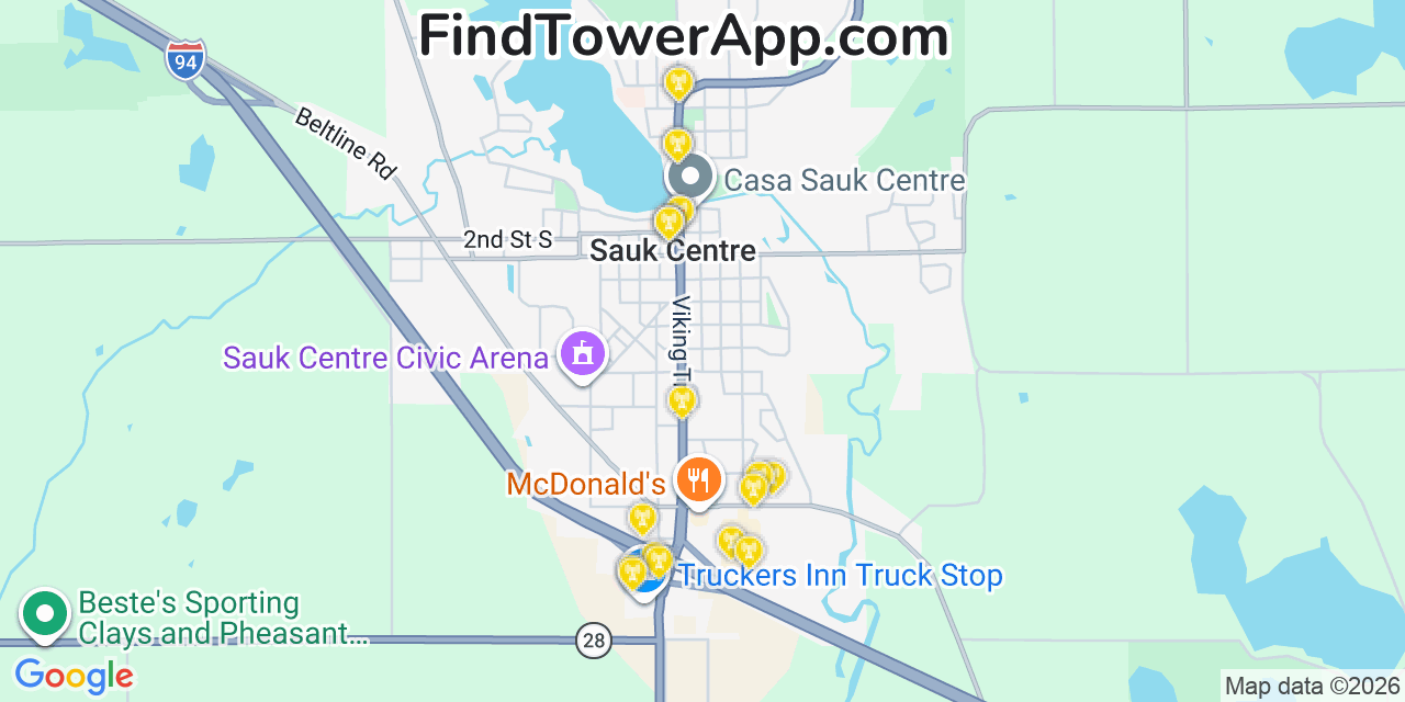Map showing the 20 primary cell tower locations detected in Sauk Centre, Minnesota from AT&T, Verizon, and T-Mobile networks