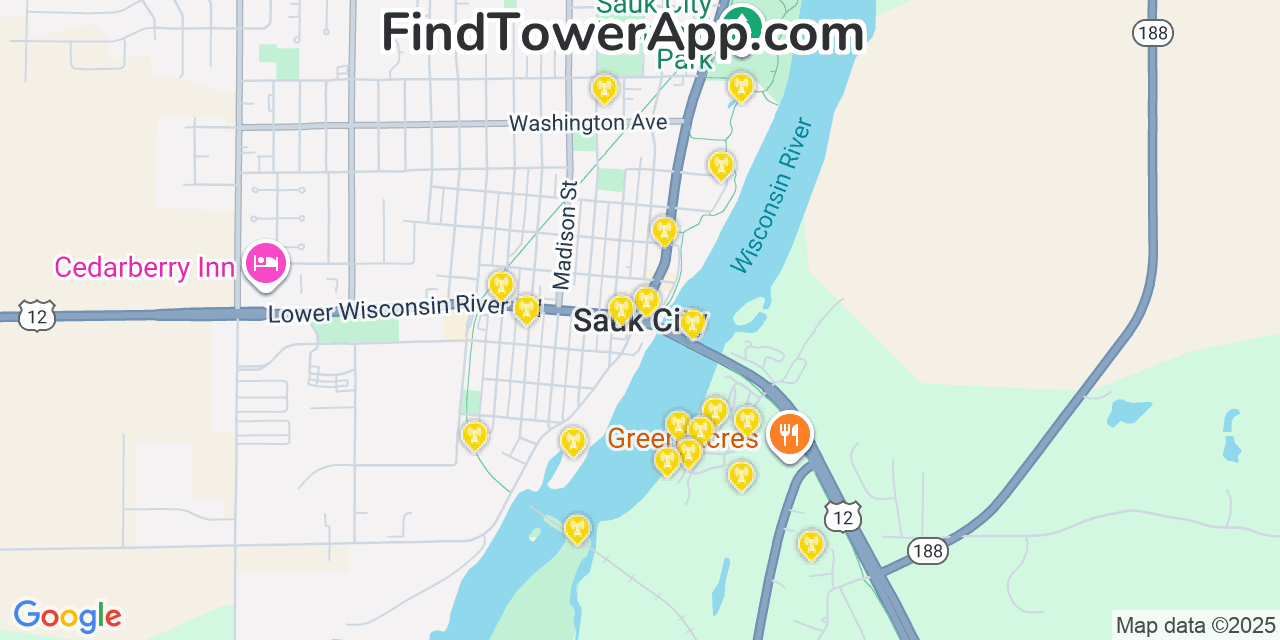 Map showing the 20 primary cell tower locations detected in Sauk City, Wisconsin from AT&T, Verizon, and T-Mobile networks