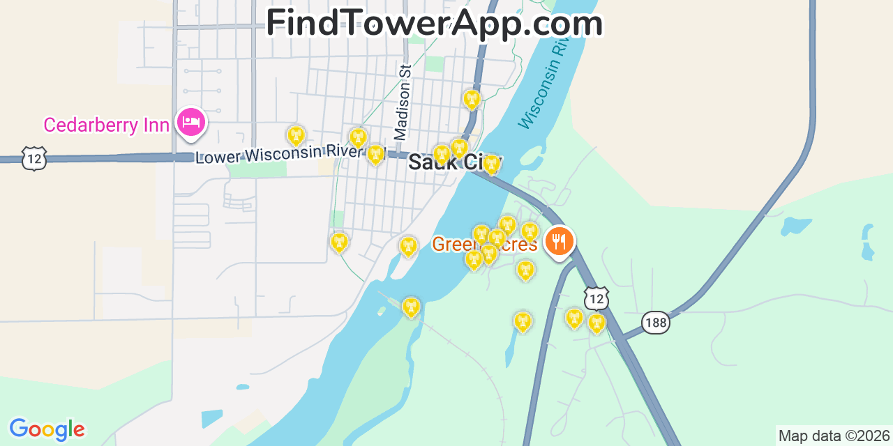 Map showing the 20 primary cell tower locations detected in Sauk City, Wisconsin from AT&T, Verizon, and T-Mobile networks