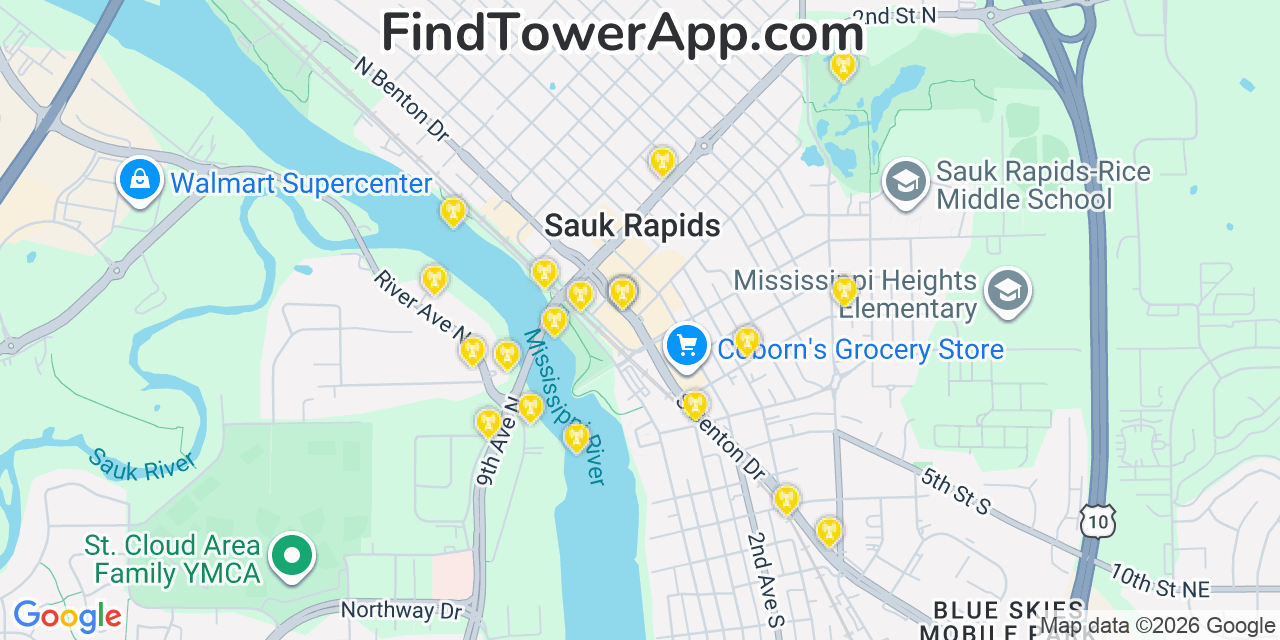 Map showing the 20 primary cell tower locations detected in Sauk Rapids, Minnesota from AT&T, Verizon, and T-Mobile networks