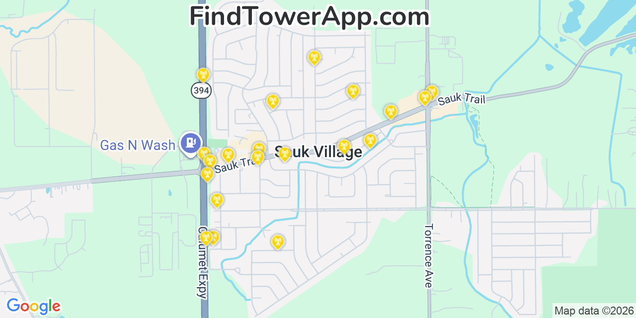 Map showing the 20 primary cell tower locations detected in Sauk Village, Illinois from AT&T, Verizon, and T-Mobile networks