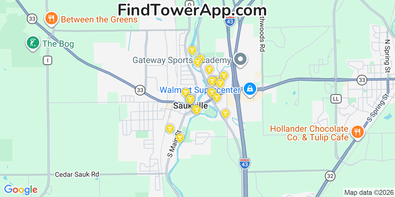 Map showing the 20 primary cell tower locations detected in Saukville, Wisconsin from AT&T, Verizon, and T-Mobile networks