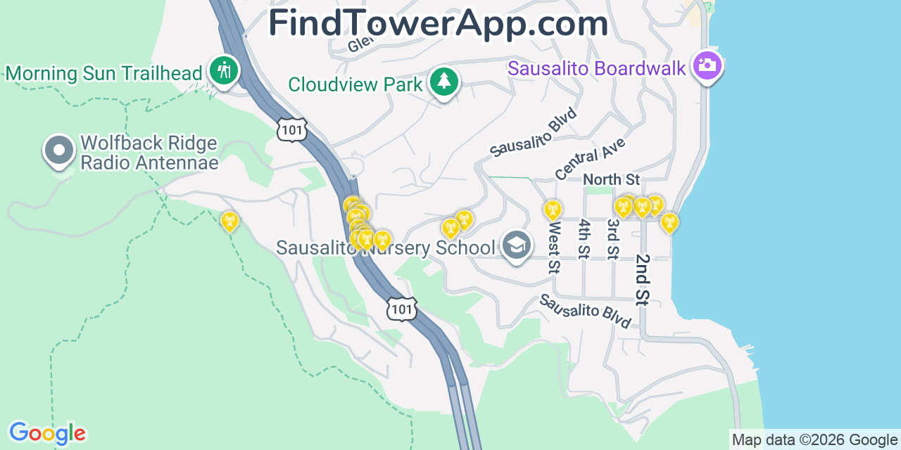 Map showing the 20 primary cell tower locations detected in Sausalito, California from AT&T, Verizon, and T-Mobile networks