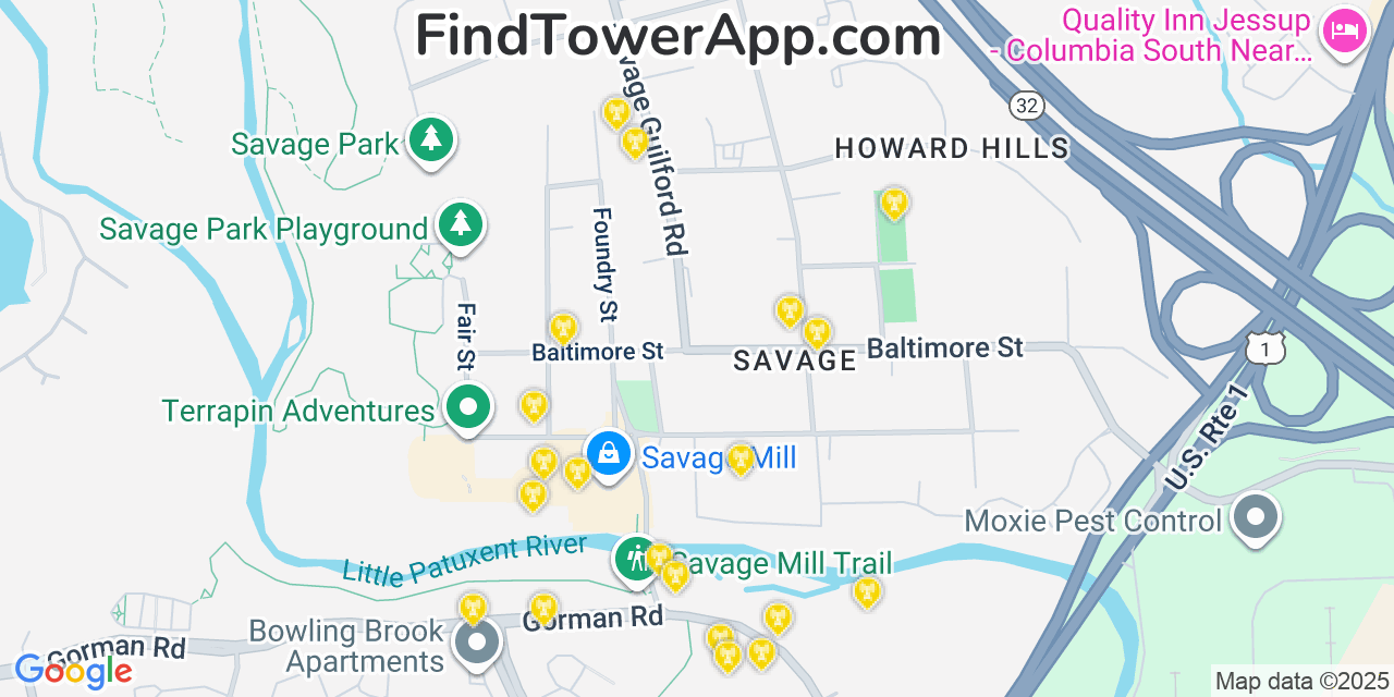 Map showing the 20 primary cell tower locations detected in Savage, Maryland from AT&T, Verizon, and T-Mobile networks