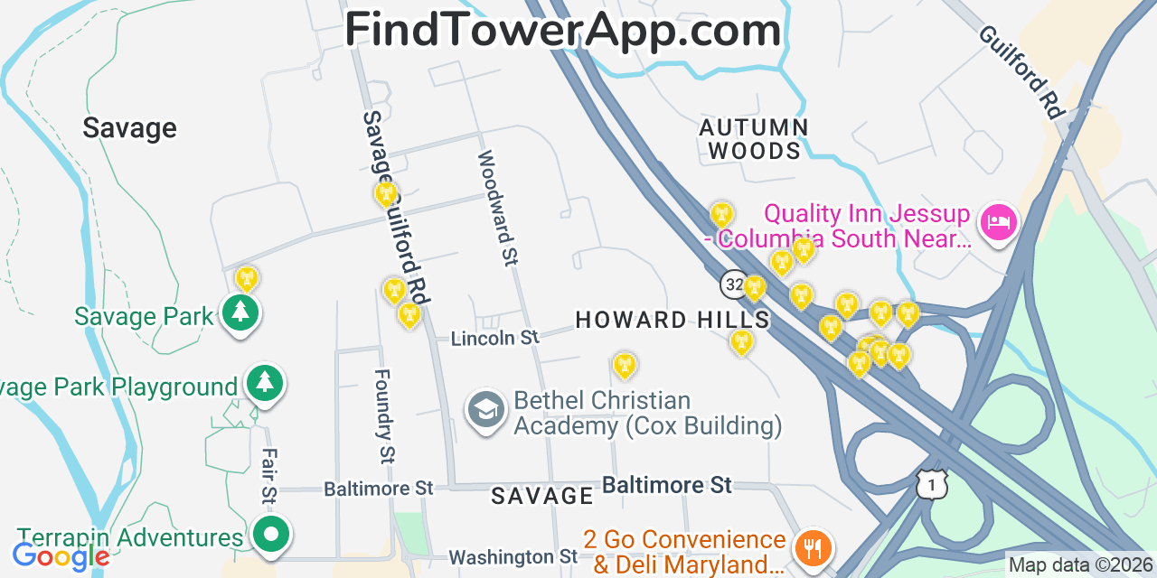 Map showing the 20 primary cell tower locations detected in Savage, Maryland from AT&T, Verizon, and T-Mobile networks