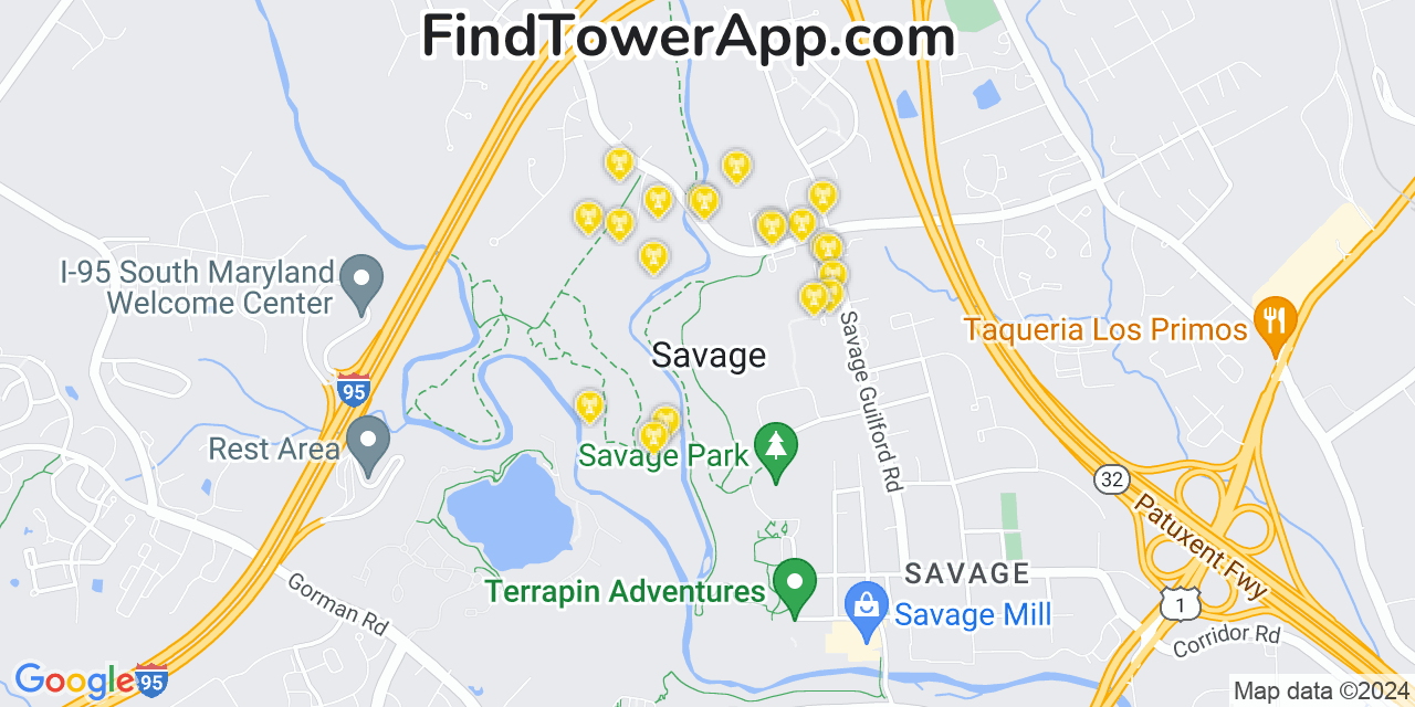 Verizon 4G/5G cell tower coverage map Savage, Maryland